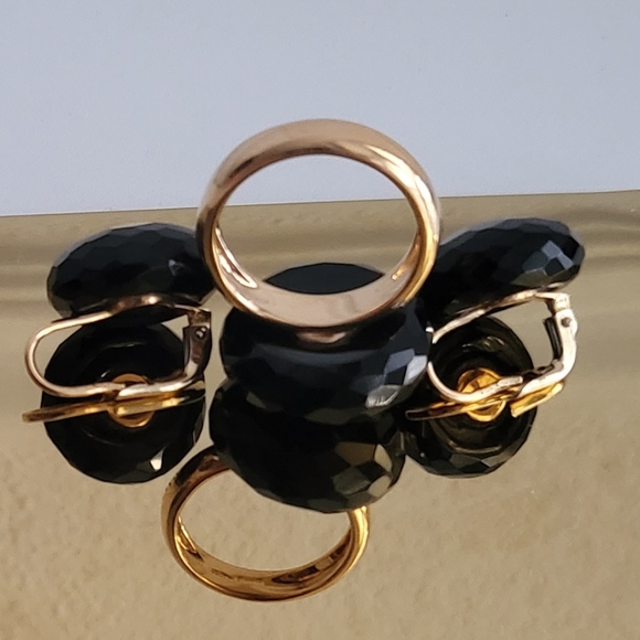 18K Solid Gold With Black Onyx Earrings & Ring Set - Picture 2 of 8